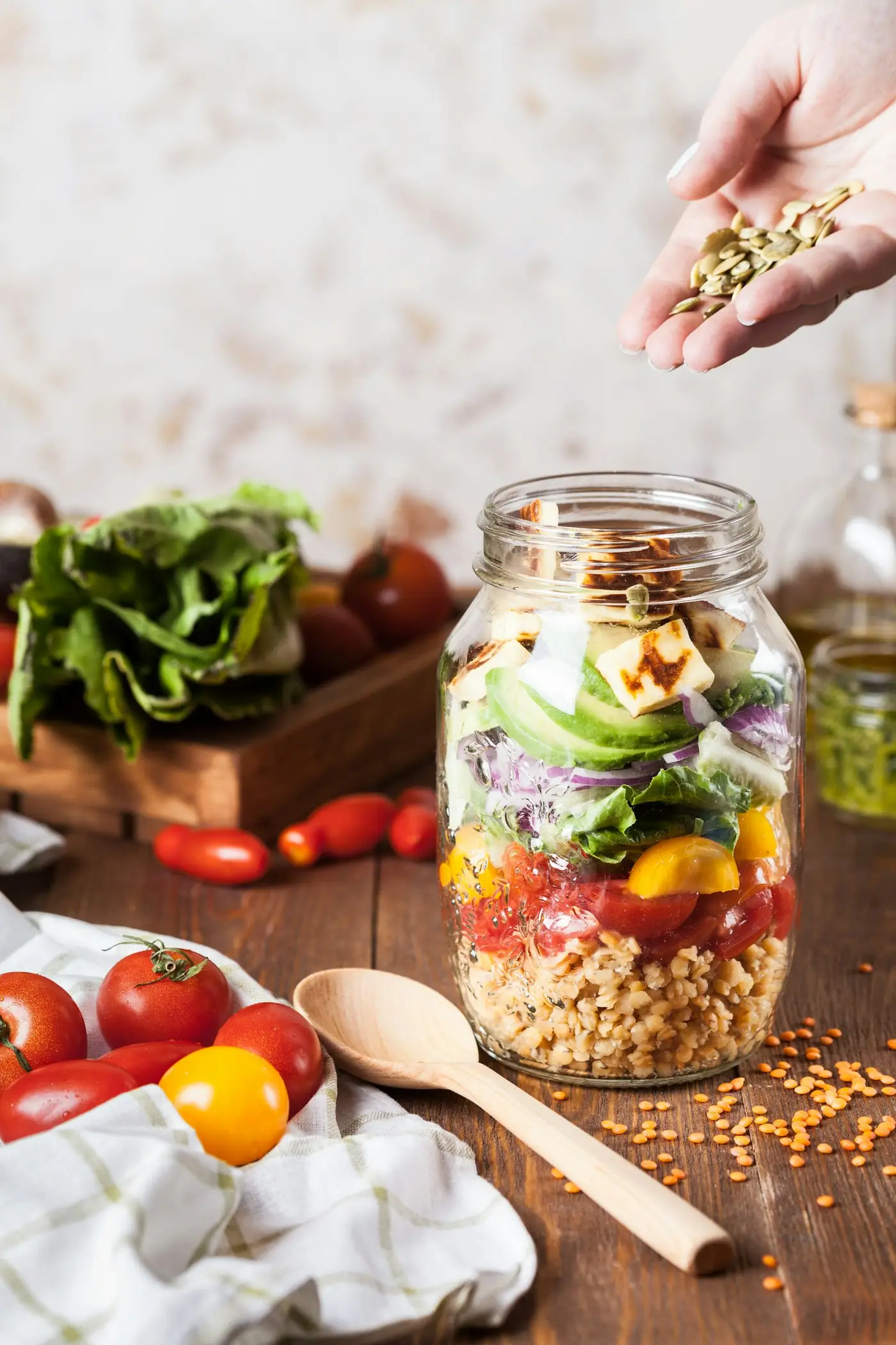 Layered salad in a glass jar