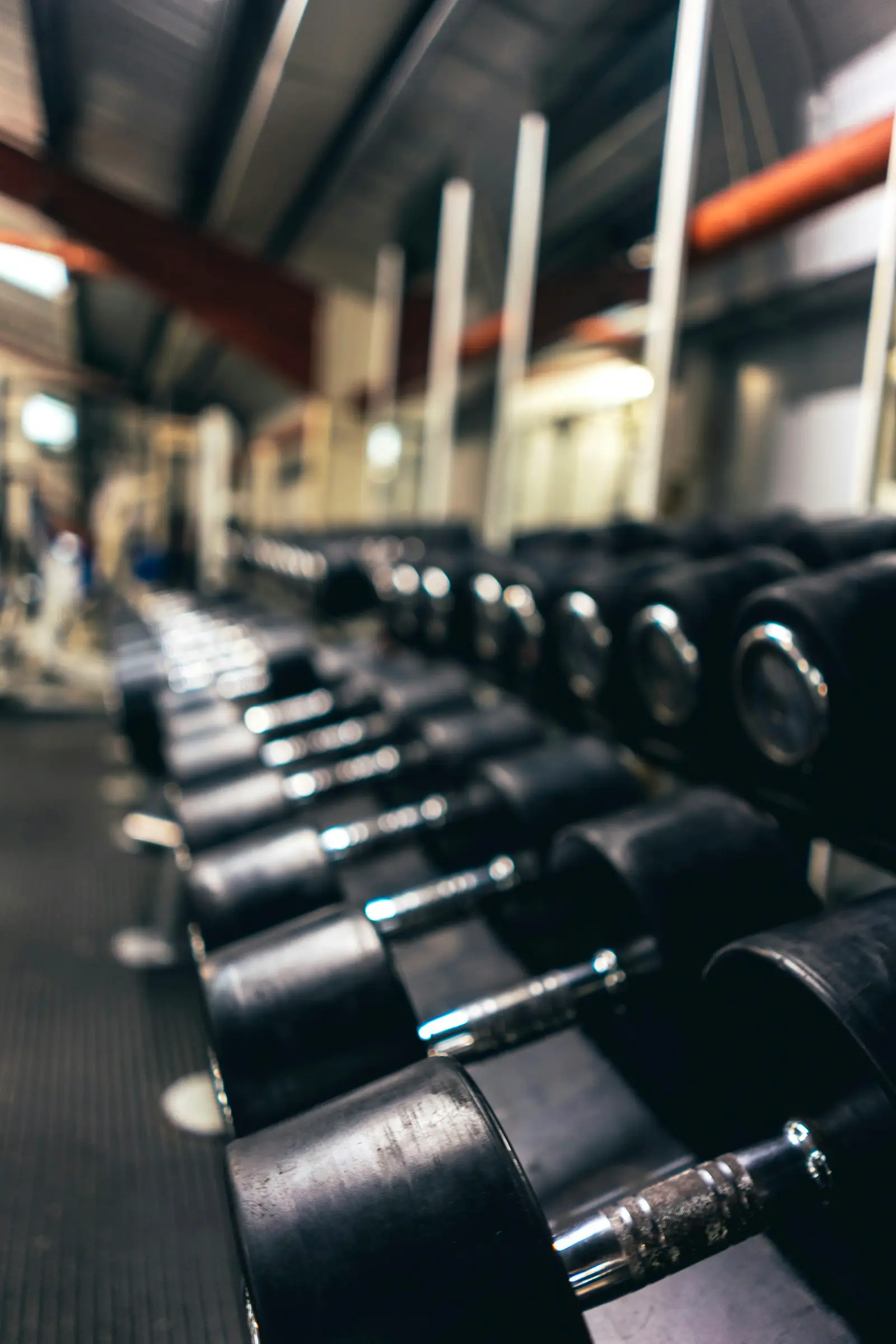 Rows of dumbbells on a rack